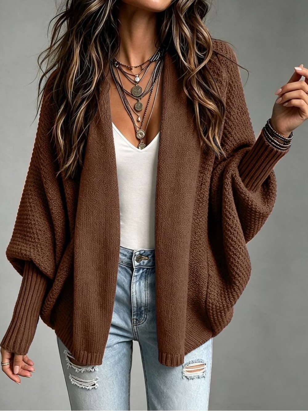 Cozy brown lantern sleeve shawl collar cardigan